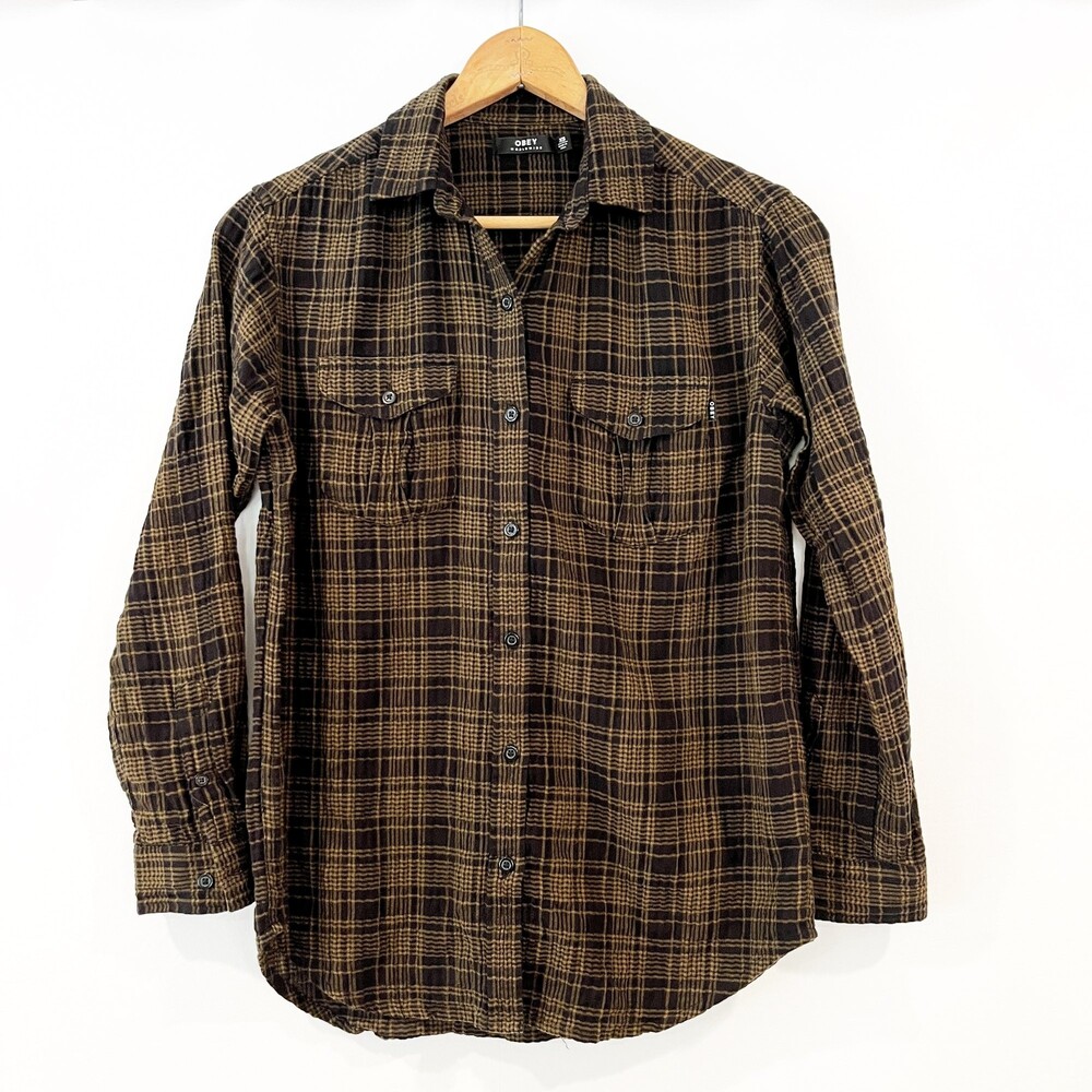 Obey Brown Black Plaid Button Front Shirt XS
